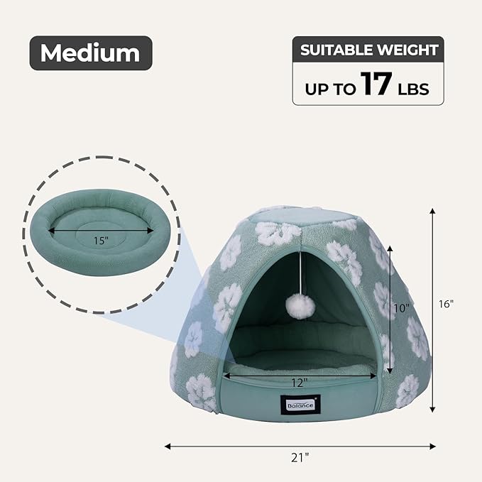 BALANCE Cat Beds for Indoor Cats, 2-in-1 Cat Bed Cave with Anti-Slip Bottom and Ultra-Soft Plush, Cozy Cats House Tent for Kittens and Small Dogs, 21 Inches, Green