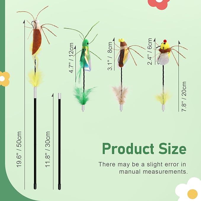 SONGWAY Cat Bug Toy Wand - Cat Teaser Wand Toy with 4 Pcs Cute Insect Feather cat Toy Replacements, Interactive Cat Toys Bug for Indoor Cats Kittens