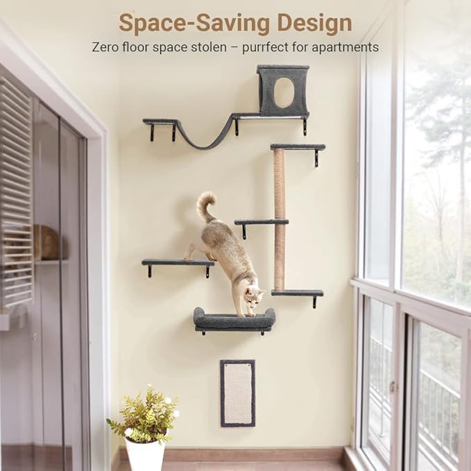 Cat Wall Shelves, 5-in-1 Cat Furniture Set, Wooden Cat Climber with Perches, Condo House, Bed, Scratching Post & Board for 16inch Drywall and Solid Wall