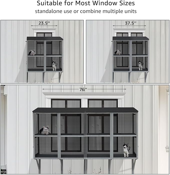 beeNbkks 2 Tiers Bug Proof Cat Catio, Window Cat House with Metal Mesh, Outdoor Enclosure for Indoor Pets, Expandable Wooden Perch, Safe Comfortable Haven for Pets, Keep Bugs Insects Out