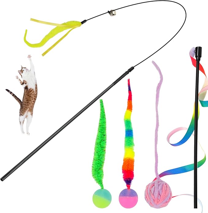SHENGSEN Feather Wand Cat Toy,Bouncy Ball with Tail Cat Toys,Magic Worm with Large Colorful Ball Toy for Cats,Cat Feather Toys for Indoor Cats,Colorful Fuzzy Worm Bouncy Balls Cat Toy (ADM102-B-3B)