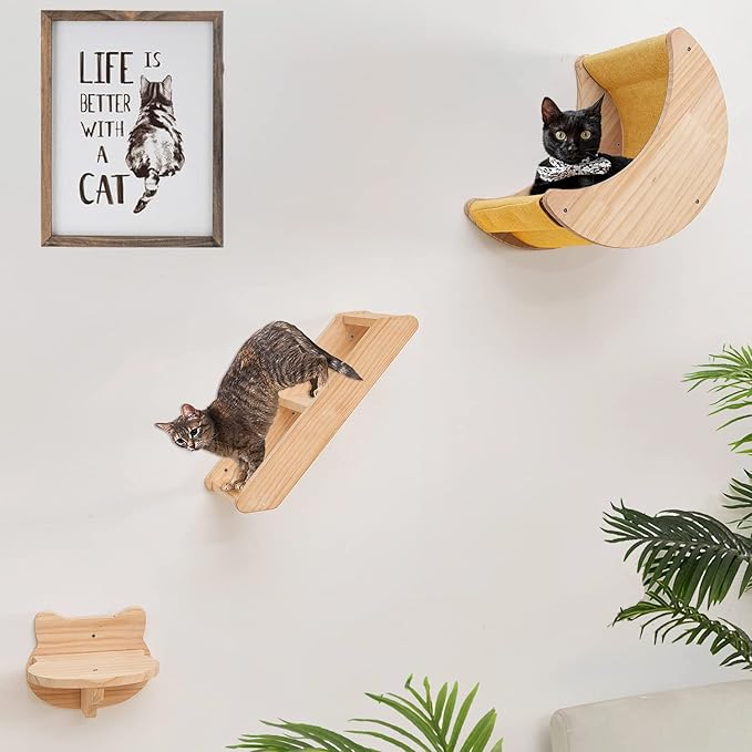Cat Shelf for Wall Hammock Climbing Shelves and Perches Solid Wood Cat Steps for Activity Indoor Cats Wall Furniture 3pcs/Set