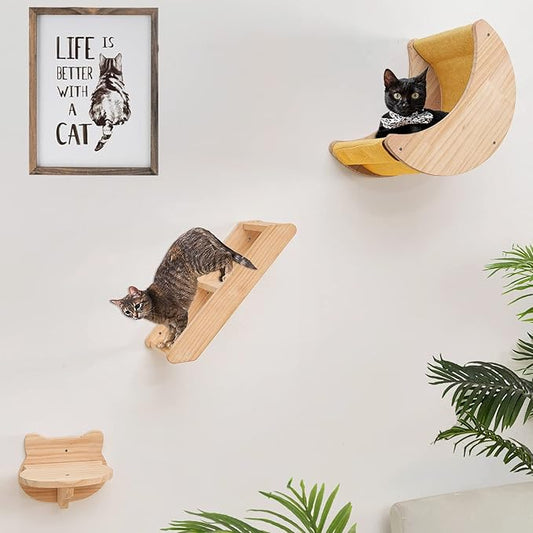 Cat Shelf for Wall Hammock Climbing Shelves and Perches Solid Wood Cat Steps for Activity Indoor Cats Wall Furniture 3pcs/Set