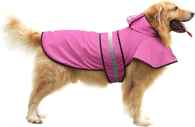 HDE Dog Raincoat Jacket Reflective Adjustable Hooded Pet Poncho Rain Coat with Leash Hole for Small to X-Large Dogs Pink - XL