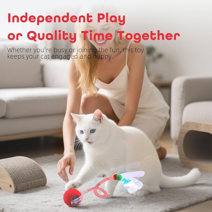Interactive Cat Toys Ball for Indoor Cats with Elastic Mesh Net Tails – 3 Working Modes for Agile Movement, Motion Activated, USB-C Rechargeable, Ideal for Indoor Cats (Red)