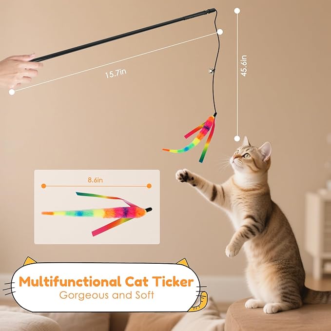 SHENGSEN Feather Wand Cat Toy，Bouncy Ball with Tail Cat Toys，Magic Worm with Large Colorful Ball Toy for Cats，Cat Feather Toys for Indoor Cats,Colorful Fuzzy Worm Bouncy Balls Cat Toy