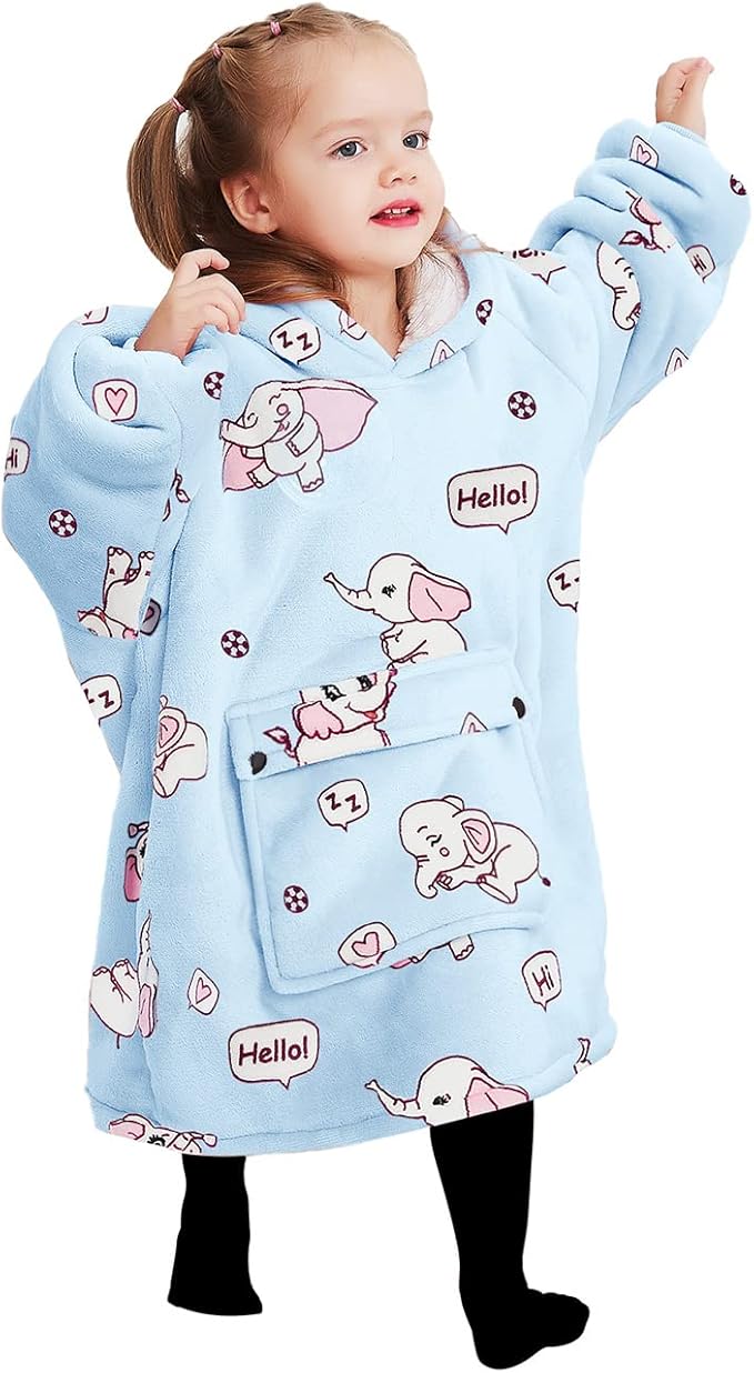 KFUBUO Wearable Blanket Hoodie for Kids Toddlers Sherpa Blanket Sweatshirt With Pocket Cute Hoodies 2-6 Year Old Girl Boy Birthday Gifts Elephant