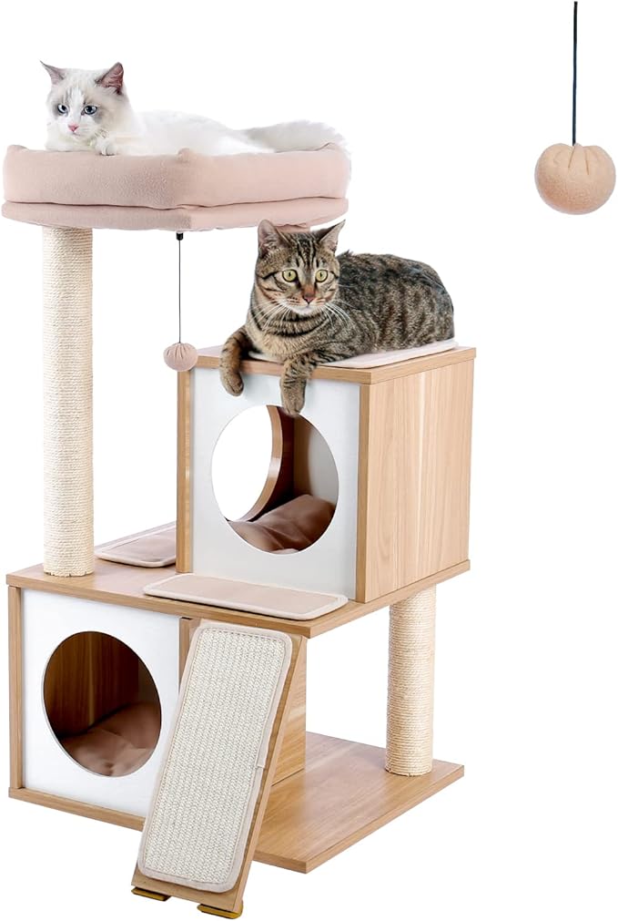 PAWZ Road Cat Tree 35 Inches Wooden Cat Tower with Double Condos, Spacious Perch, Fully Wrapped Scratching Sisal Posts and Replaceable Dangling Balls-Walnut