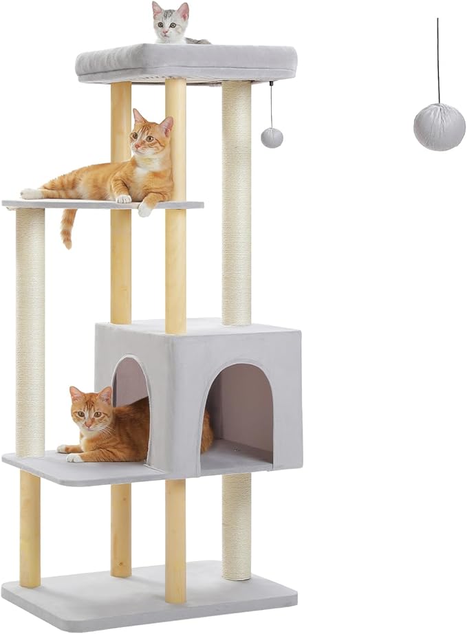53" Modern Cat Tree for Large Cats, Wooden Cat Tower with Fully Sisal Covered Scratching Posts and Solid Wood Posts, Cat Furniture with Spacious Perch and Cozy Condo Gray