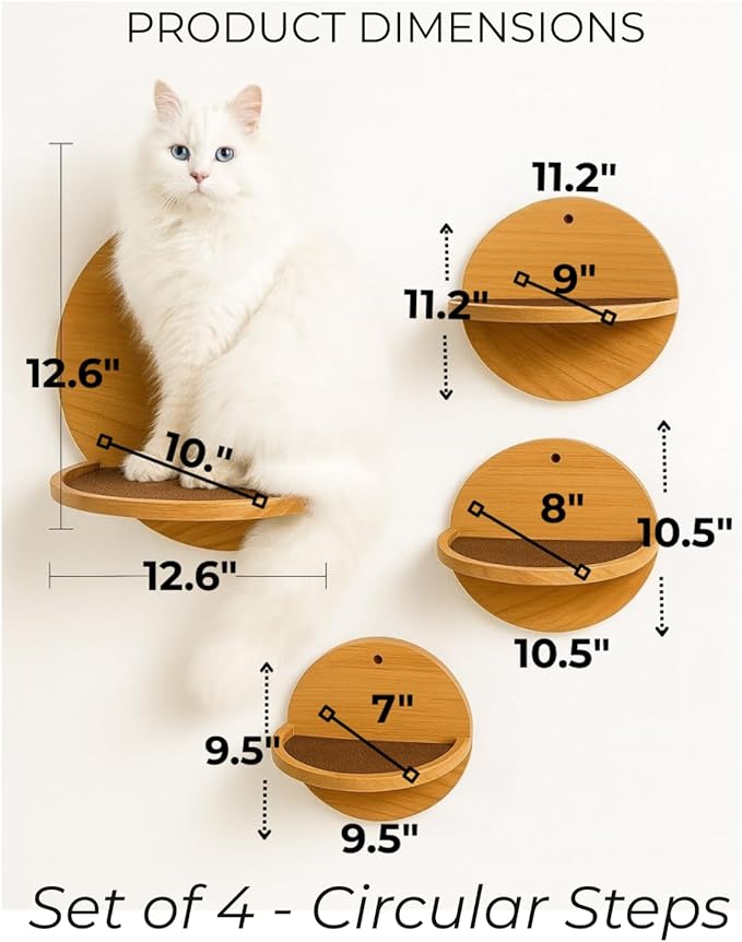 Cat Wall Shelves Set - Modern Round Floating Wall Steps with Scratch Pads (Set of 4)-Decorative Wall-Mounted Furniture for Climbing, Playing & Resting by INSTINTO