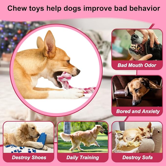 SZEE Dog Rope Toys, 24 in 3 Knots Chew Rope for Small, Medium and Large Dogs, Natural Cotton Pet Pull Toy for Tug of War and Teeth Cleaning (Pink)