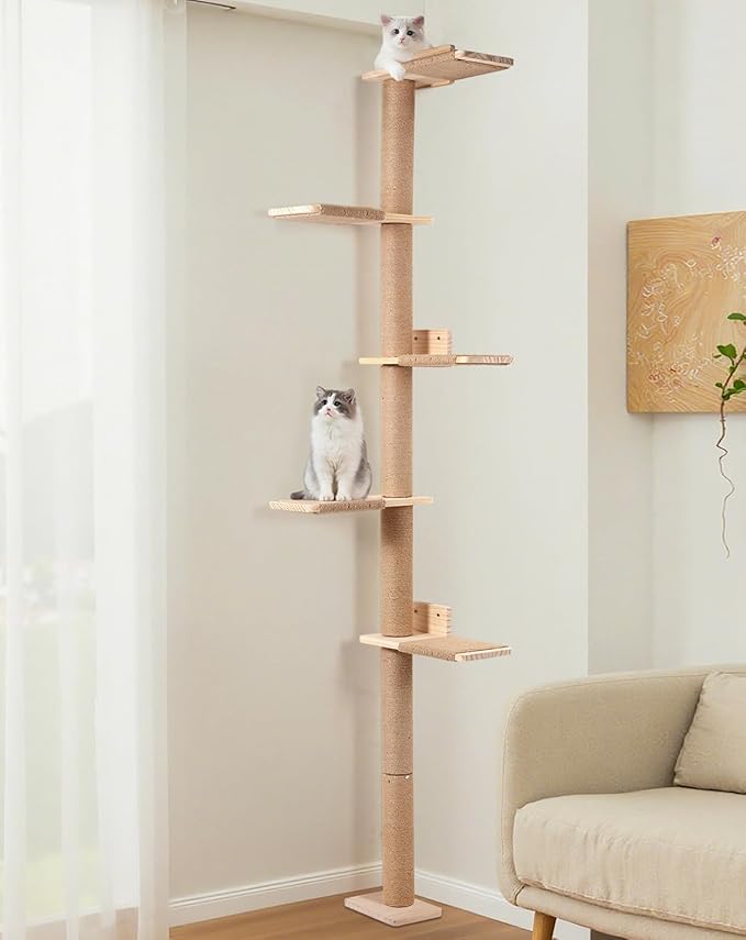 PawGiant Tall Cat Tree for Wall 83.9inch, Wood Cat Wall Shelves for Kittens, Wall-Mounted Cat Tower with Scratching Post for Play, Climb & Scratching, 5 Tier Platforms