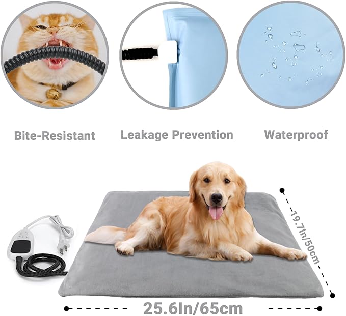 Pet Heating Pad for Dog Cats, Temperature Adjustable Pet Heated Bed with Timer, Cat Heating Pad Outdoor Indoor with Overheating Protection, Pet Warming Pad for Cat Dog House Outside