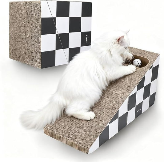 Cat Scratching Board with Ball, Triangle Cat Scratching Cardboard, Multiple Scratching Angles, 2-in-1 Scratching Lounge Bed, Recyclable and Durable, Furniture Protector, Black and White