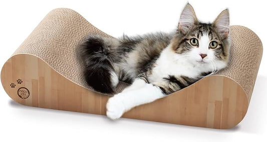 Necoichi Cardboard Cat Scratcher Bed for Indoor Cats - Cat Scratching Board, Horizontal Cat Scratch Pad Lounger with Reversible Usability and Extra Comfort for Lounge, Curved (18" Regular, Oak)