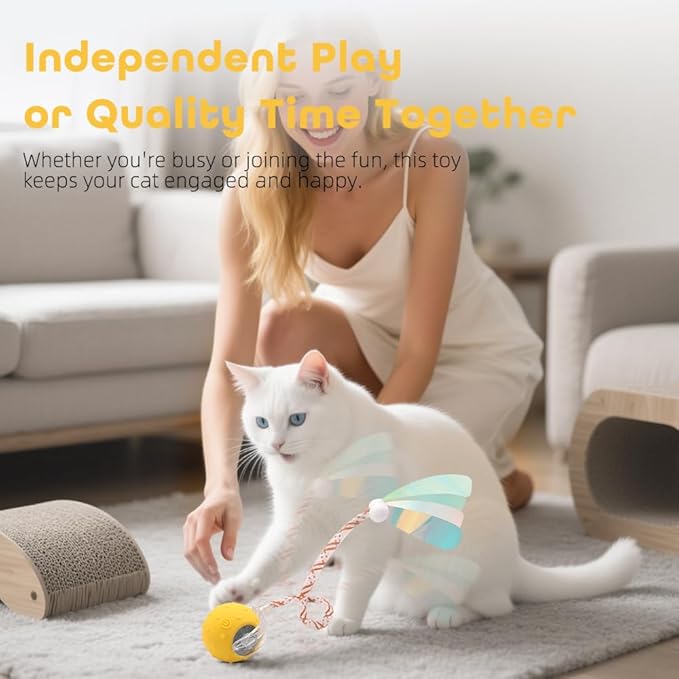 Interactive Cat Toys Ball for Indoor Cats with Elastic Mesh Net Tails – 3 Working Modes for Agile Movement, Motion Activated, USB-C Rechargeable, Ideal for Indoor Cats (Yellow)