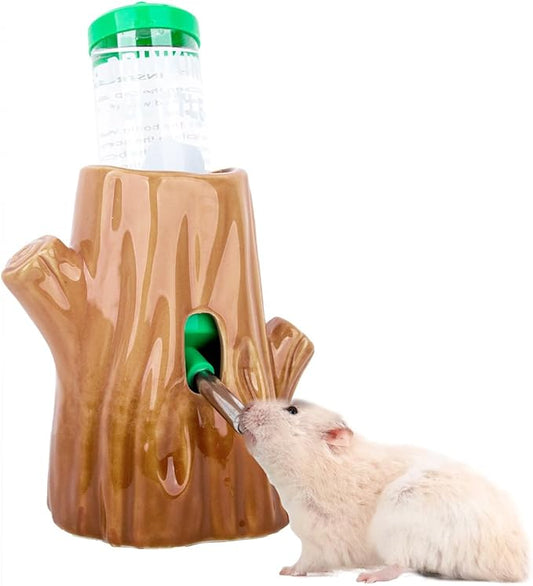 Coffee-Colored Stump-Shaped Ceramic Leak Proof Hamster Water Bottle Guinea Pig Drinker 4.27oz(125ML) with Bracket Suitable for Syrian Dwarf Hamster Mice Chinchillas Gerbils Other Small Animal