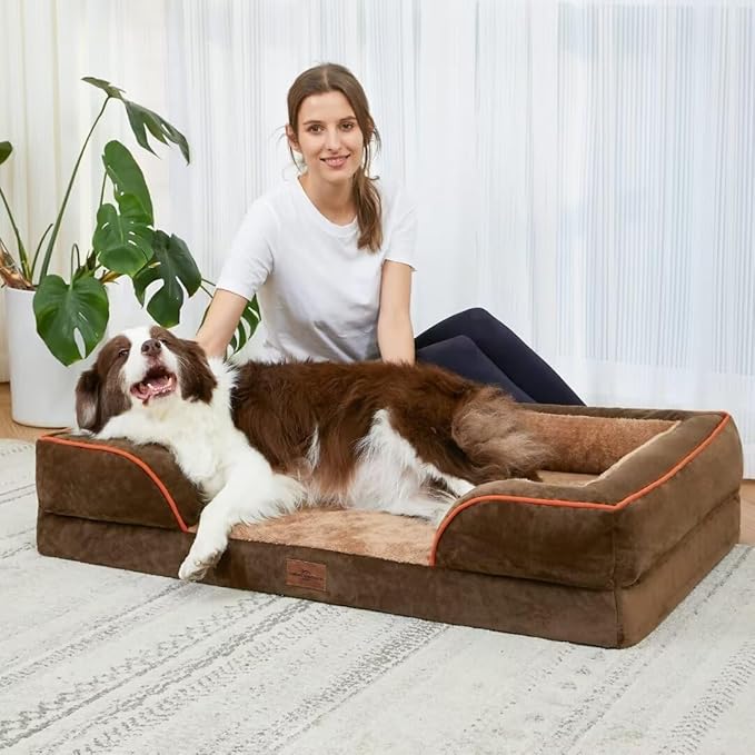 Comfort Expression Orthopedic Dog Bed for Extra Large Dogs 42x30 Inch, Waterproof Supportive Egg Crate Foam XL Pet Bed with Removable Bolsters, Dog Couch with Washable Cover & Non-Slip Bottom, Brown