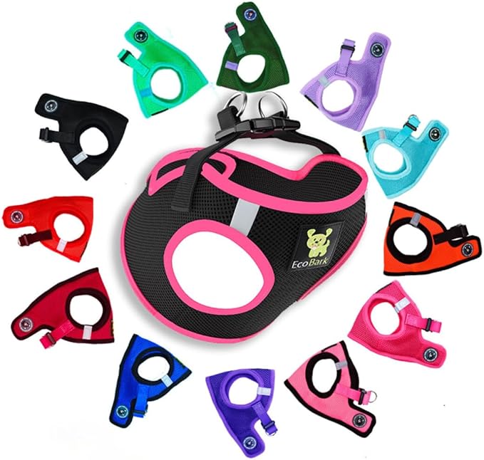 EcoBark Step in Dog Harness - Eco-Friendly Small Breed Dog Harnesses for XS and Small Dogs - Reflective and Adjustable Mini Body Halter Vest - Soft Mesh Toy Breed Harness (Black and Pink, Small)