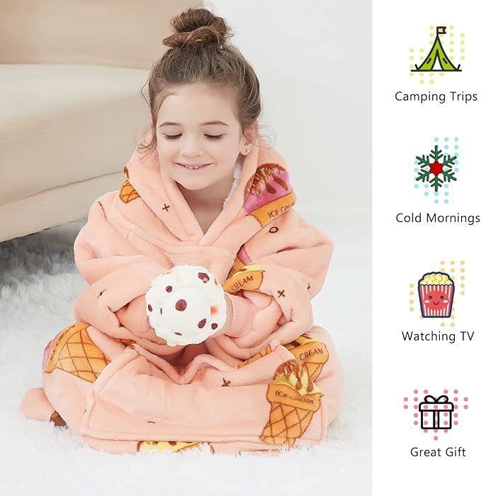 KFUBUO Wearable Blanket Hoodie for Kids Sherpa Patterns Oversized Sweatshirt Blanket With Pocket 6-10 Year Old Girl Birthday Gifts Ice Cream