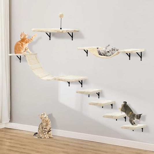Wall-Mounted Cat Climber Set with Climbing Shelves, Perches, Bridge,Hammock,Scratching Board & Ball - 7 Pcs Wood Indoor Cat Furniture for Kittens Play (Beige)