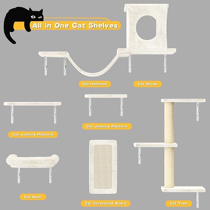 NUNU LAB Cat Wall Shelves, 6 Pcs Luxury Wall-Mounted Cat Climber Set, Indoor Cat Furniture with 1 Condos House, 2 Cat Wall Shelves, 1 Scratching, 1 Bridge Ladder, 1 Scratching Pad, Beige