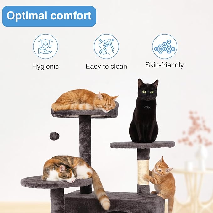 FDW Cat Tree 54in Cat Tower Multi-Level Durable Cat Scratching Post & Cozy Fun Cat Jumping Platform Space Saving Cat Condo Pet Play House for Indoor Cats,Purple Gray