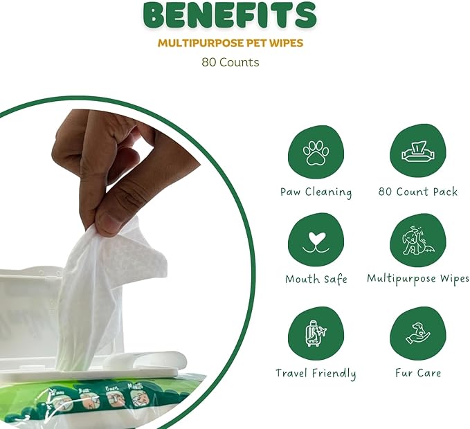 BASIL Pet Grooming Wipes – Lemon-Scented - Paraben-Free with Aloe Vera, Vitamin E & Castor Oil, Gentle Cleaning Wipes for Dogs, Cats & Puppies – Paws, Ears, Mouth & Butt – 80 Count, 7” x 7.87”