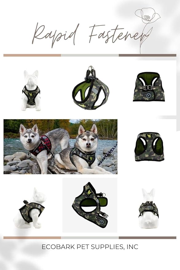 EcoBark Step in Dog Harness - Eco-Friendly Teacup Dog Harnesses for XXS, XS, and Small Dogs - Reflective and Adjustable Mini Body Halter Vest -Tiny Soft Mesh Toy Breed Harness Under 5 lbs (XXXS, Camo)