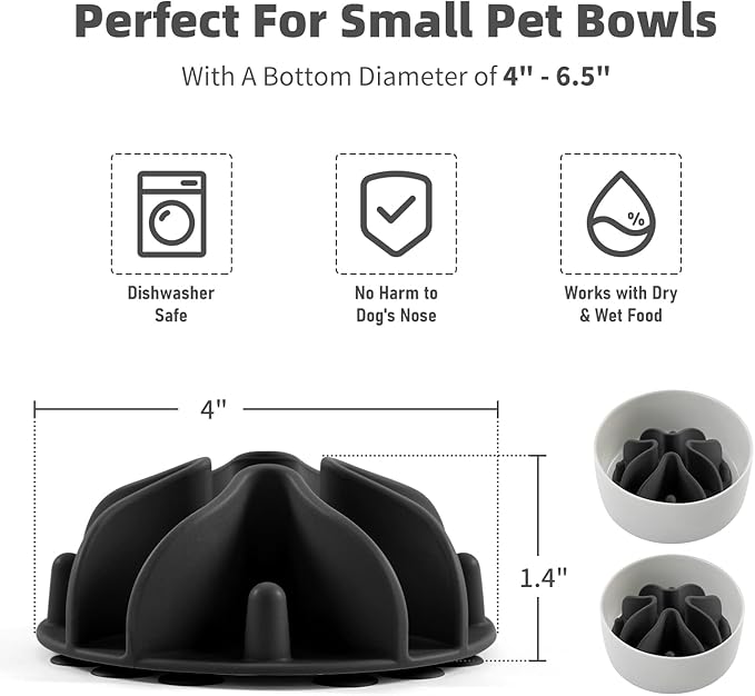Jaoul Slow Feeder Dog Bowls Insert, Puzzle Slow Feeder Insert with 21 Octopus Suction Cups for Small Breed Dog Food Bowls (4 inch, Black)