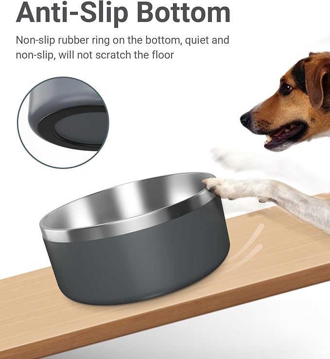 Dog Bowl, Stainless Steel Dog Food and Water Bowl with Non Slip Quiet Bottom, Easy to Clean, Dishwasher Safe, 40oz, Deep Grey