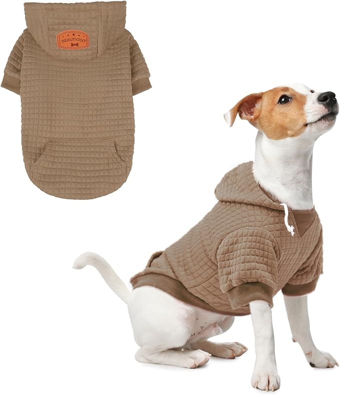 BEAUTYZOO Small Dog Hoodie Sweater with Pockets, Dog Clothes for Small Medium Dogs Boy Girl, Waffle-Like Laminated Cotton Pet Coats with Hat and Leash Hole, Khaki XS