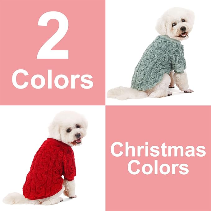 Dog Sweater, 2 Pack Dog Sweaters for Small Dogs or Cats, Girl or Boy, Warm Dog Clothes Shirt Coat for Winter Christmas (Green, Red, XX-Small)
