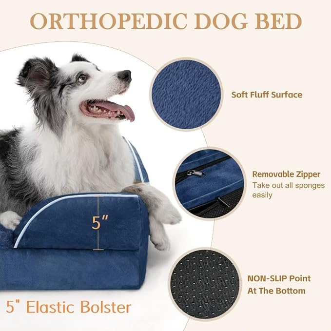 Comfort Expression Orthopedic Dog Bed for Extra Large Dogs 45x35 Inch, Waterproof Egg Crate Foam XL Pet Bed with Removable Bolsters, Dog Couch with Washable Cover & Non-Slip Bottom, Navy Blue