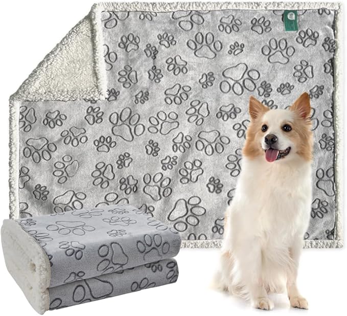 Qeils Dog Blankets for Small Dogs - Waterproof Pet Blanket Washable - Sherpa Fleece Puppy Blanket, Soft Plush Reversible Dog Blanket for Bed Couch Car Sofa, 40"X50", Grey Paw Print