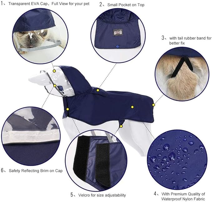 Pet Raincoat Packable Hooded Dog Rain Jacket Reflective Strips Lightweight Adjustable Poncho for Small Medium Large Dogs Blue M