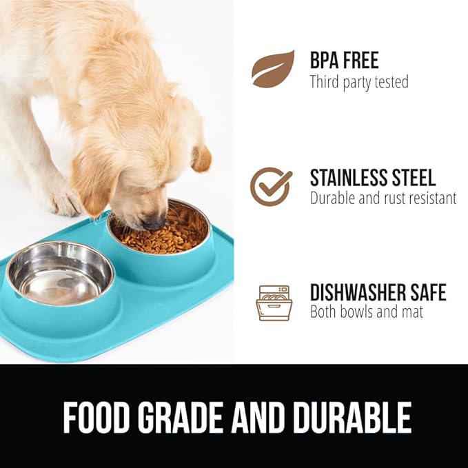 GORILLA GRIP Feeding Mat Set, 3 Cup, Patent Pending 100% Waterproof BPA Free Silicone, Stainless Steel Cat and Dog Bowls, Slip Resistant, Edges Catch Water Food, US Designed Pet Accessories, Turquoise