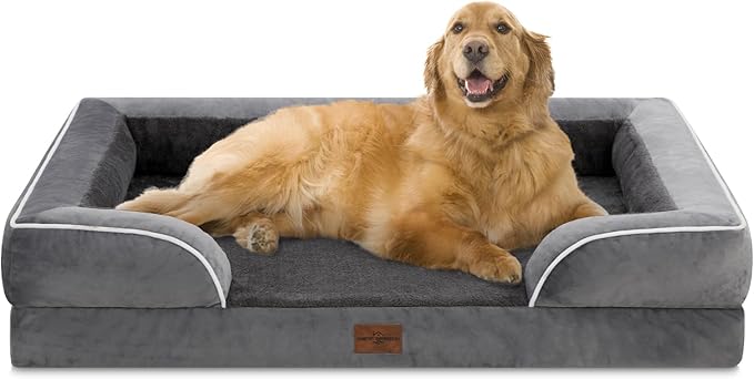 Comfort Expression Orthopedic Dog Bed for Extra Large Dogs 42x30 Inch, Waterproof Egg Crate Foam XL Pet Bed with Removable Bolsters, Dog Couch with Washable Cover & Non-Slip Bottom, Dark Grey