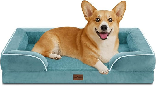 Comfort Expression Orthopedic Dog Bed for Medium Dogs 30x20 Inch, Waterproof Egg Crate Foam Medium Pet Bed with Removable Bolsters, Dog Couch with Washable Cover & Non-Slip Bottom, Washed Blue