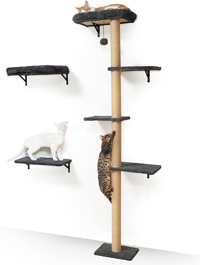 FUKUMARU Cat Wall Shelves, Stable 3-in-1 Wall Mounted Cats Furniture Set, Kitten Scratching Post with Soft Cushion Perch, Space Saving Climbing Wall for 16 Inch Drywall - Gray