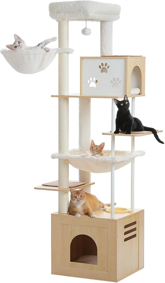 PAWZ Road Large Cat Tree with Food Station, 74.8 Inches Wooden Tall Cat Tower with Extra Large Condos and Hammocks,Spacious Perch,Sisal and Steel Posts, Scratching Mat for Indoor Adult Cats-Biege