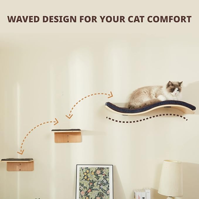 Cat Wall Shelf with Two Steps - Wave Cat Shelves and Perches for Wall - Wall Mounted Cats Furniture for Sleeping, Playing, Climbing, and Lounging