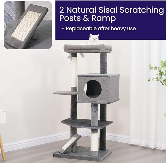 Catry Minimalistic Contemporary Cat Tree 49 Inch 5 Level with Two Natural Sisal Scratching Posts and Ramp, Large, Yara