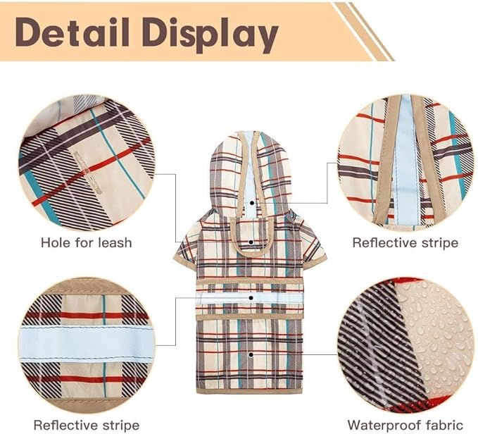 KOOLTAIL Dog Raincoat Hooded Slicker Poncho with Leash Hole, Raincoat for Medium Large Dogs, Waterproof Doggie Rain Jacket with Reflective Strip, Adjustable Breathable Plaid Puppy Rainwear-Beige L