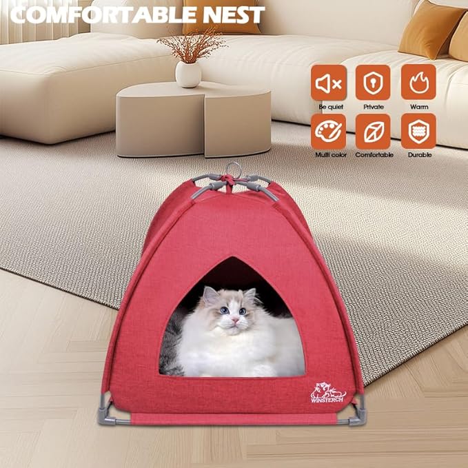 Winsterch Cat Bed Cave for Indoor Cats,Pet Tent Cave for Cats Small Dogs Kitten Bed with Removable Washable Cushion (18.5'' x 18.5'' x 15.8'', W-Red)