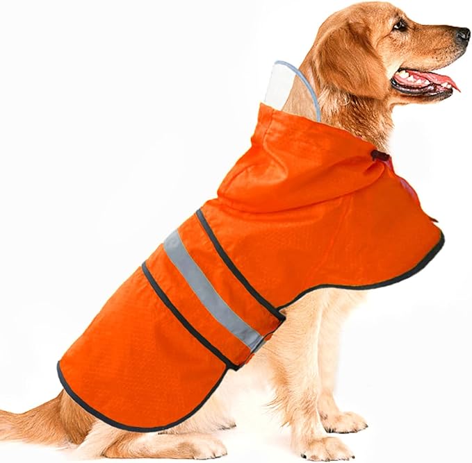 Dog Raincoat Waterproof Reflective Slicker - Lightweight Breathable Hooded Poncho Rain Coat Jacket with Adjustable Belly Strap and Leash Hole for Small Medium Large Dogs (X-Large, Orange)