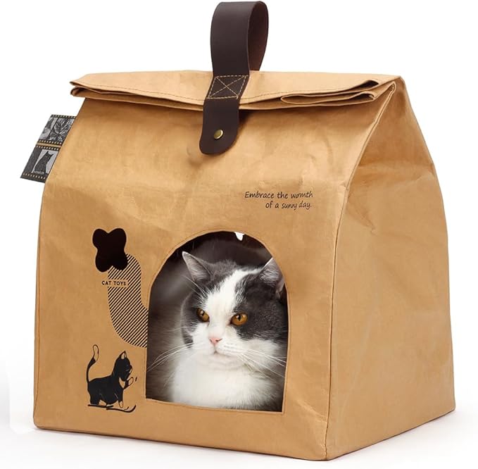 Washable Kraft Paper Cardboard Cat House with 2PCS Scratching Pads Large Cat Scratchers Bed for Indoor Cat Cat Scratching Board & Cat Scratcher Condo for Bunny/Cats Animals. (Kraft Paper)