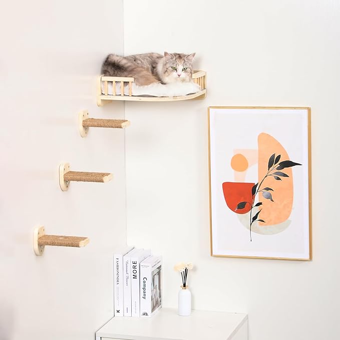 Cat Wall Shelves with 3 Steps Scratch Post, Climbing Shelf and Hammock for Indoor Cats (Wood)