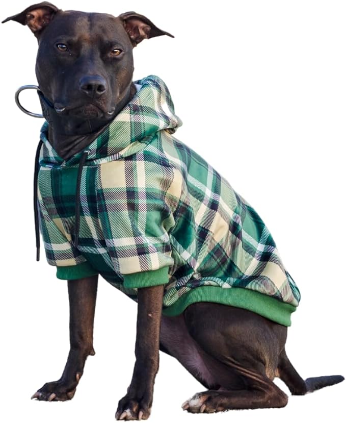 Spark Paws Dog Hoodie – Premium Dog Sweater for Small, Medium, and Large Dogs | Warm Outfits for French Bulldogs, Pitbull, Puppy, Winter Jacket Alternative - Green Plaid - 2XL