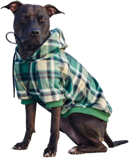 Spark Paws Dog Hoodie – Premium Dog Sweater for Small, Medium, and Large Dogs | Warm Outfits for French Bulldogs, Pitbull, Puppy, Winter Jacket Alternative - Green Plaid - 2XL